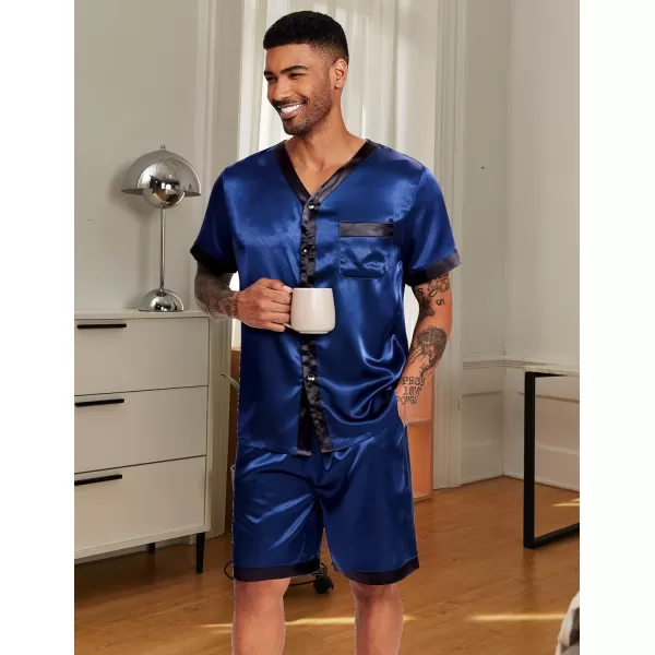 Ekouaer Silk Pajamas for Men Satin Pajama Shorts 2 Piece Button Down Pj Set V Neck Sleepwear Loungewear with Pockets SXXLNavy Blue