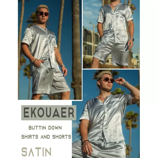 Ekouaer Silk Pajamas for Men Satin Pajama Shorts 2 Piece Button Down Pj Set V Neck Sleepwear Loungewear with Pockets SXXLPat1silver