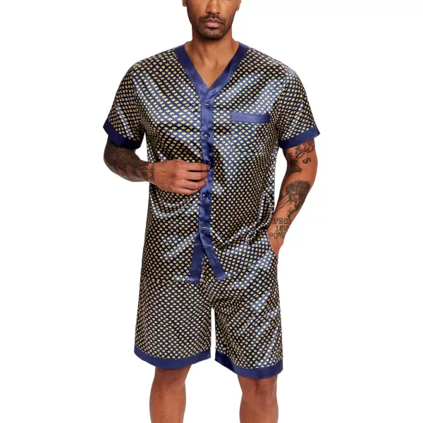 Ekouaer Silk Pajamas for Men Satin Pajama Shorts 2 Piece Button Down Pj Set V Neck Sleepwear Loungewear with Pockets SXXLPat2navy Clover