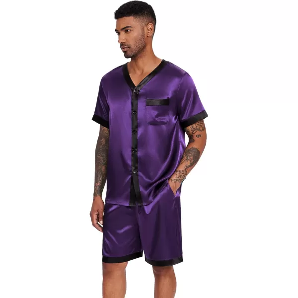 Ekouaer Silk Pajamas for Men Satin Pajama Shorts 2 Piece Button Down Pj Set V Neck Sleepwear Loungewear with Pockets SXXLPurple