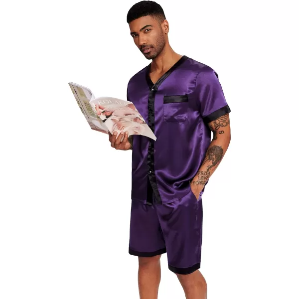 Ekouaer Silk Pajamas for Men Satin Pajama Shorts 2 Piece Button Down Pj Set V Neck Sleepwear Loungewear with Pockets SXXLPurple