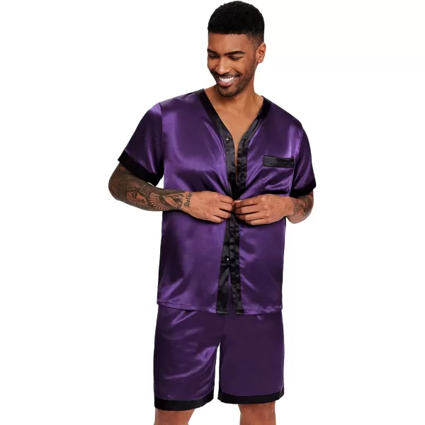 Ekouaer Silk Pajamas for Men Satin Pajama Shorts 2 Piece Button Down Pj Set V Neck Sleepwear Loungewear with Pockets SXXLPurple