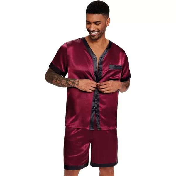 Ekouaer Silk Pajamas for Men Satin Pajama Shorts 2 Piece Button Down Pj Set V Neck Sleepwear Loungewear with Pockets SXXLWine Red