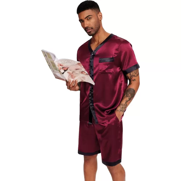 Ekouaer Silk Pajamas for Men Satin Pajama Shorts 2 Piece Button Down Pj Set V Neck Sleepwear Loungewear with Pockets SXXLWine Red