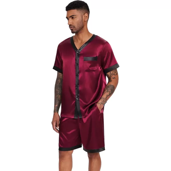 Ekouaer Silk Pajamas for Men Satin Pajama Shorts 2 Piece Button Down Pj Set V Neck Sleepwear Loungewear with Pockets SXXLWine Red