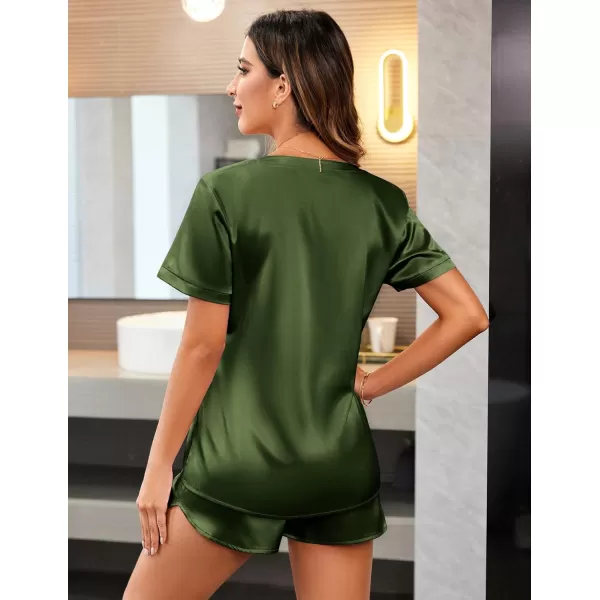 Ekouaer Silk Pajamas for Women Short Sleeve Sleepwear Twopiece Pjs Set Soft V Neck Loungewear Tops with Pj Shorts SXXLArmy Green