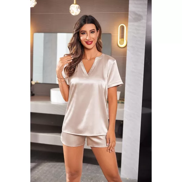 Ekouaer Silk Pajamas for Women Short Sleeve Sleepwear Twopiece Pjs Set Soft V Neck Loungewear Tops with Pj Shorts SXXLChampagne