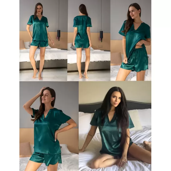 Ekouaer Silk Pajamas for Women Short Sleeve Sleepwear Twopiece Pjs Set Soft V Neck Loungewear Tops with Pj Shorts SXXLDark Green