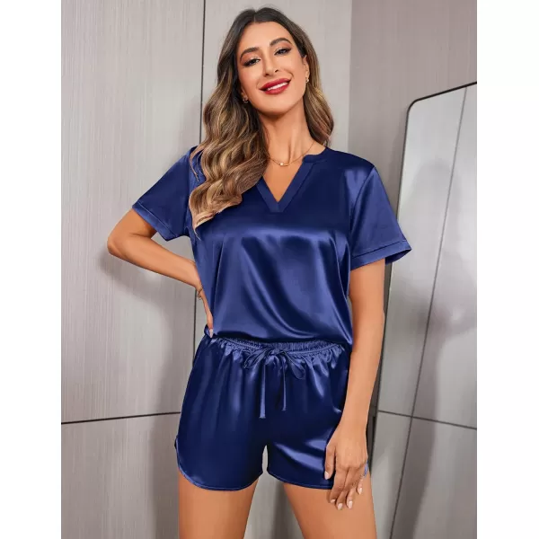 Ekouaer Silk Pajamas for Women Short Sleeve Sleepwear Twopiece Pjs Set Soft V Neck Loungewear Tops with Pj Shorts SXXLNavy Blue