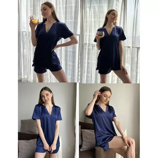 Ekouaer Silk Pajamas for Women Short Sleeve Sleepwear Twopiece Pjs Set Soft V Neck Loungewear Tops with Pj Shorts SXXLNavy Blue