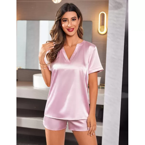 Ekouaer Silk Pajamas for Women Short Sleeve Sleepwear Twopiece Pjs Set Soft V Neck Loungewear Tops with Pj Shorts SXXLPink