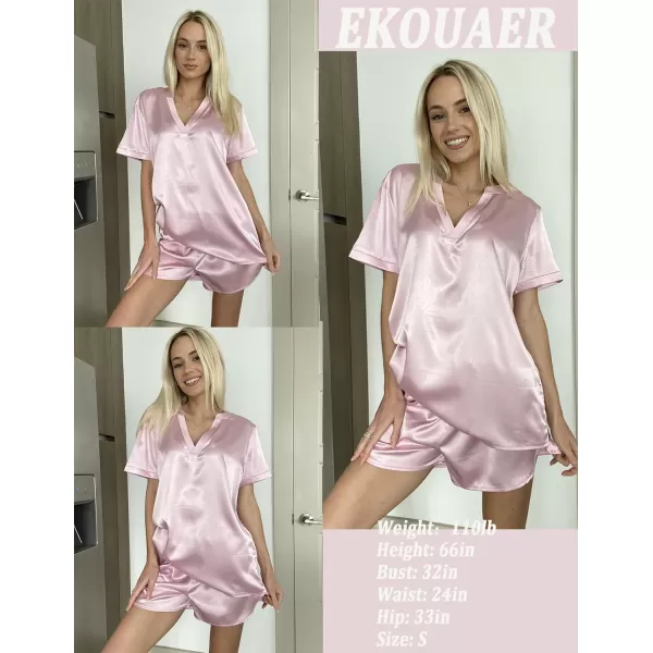 Ekouaer Silk Pajamas for Women Short Sleeve Sleepwear Twopiece Pjs Set Soft V Neck Loungewear Tops with Pj Shorts SXXLPink