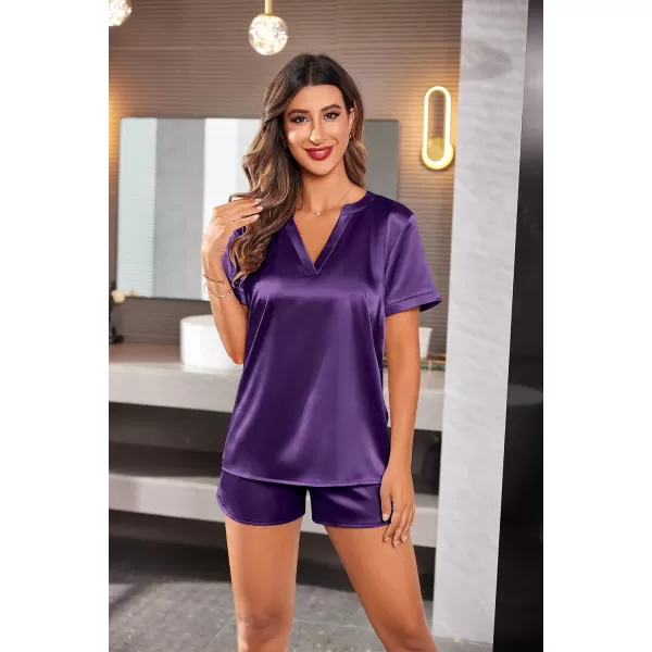 Ekouaer Silk Pajamas for Women Short Sleeve Sleepwear Twopiece Pjs Set Soft V Neck Loungewear Tops with Pj Shorts SXXLPurple