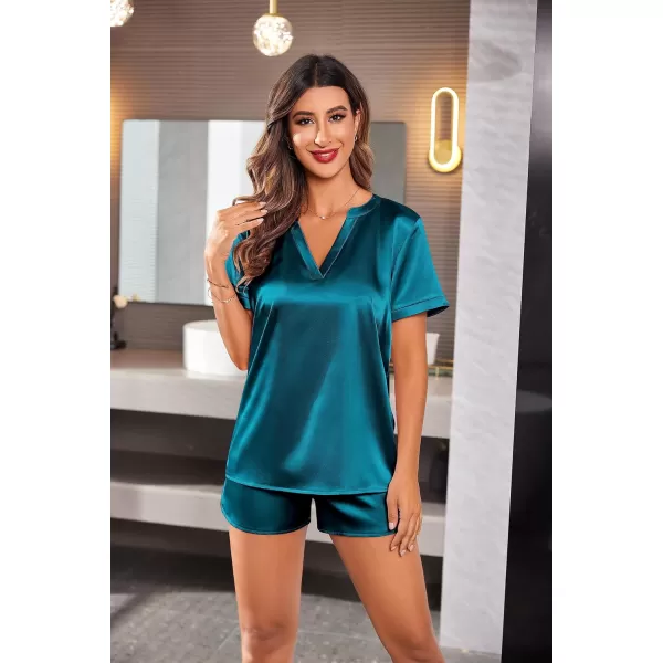 Ekouaer Silk Pajamas for Women Short Sleeve Sleepwear Twopiece Pjs Set Soft V Neck Loungewear Tops with Pj Shorts SXXLTeal Blue