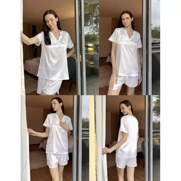 Ekouaer Silk Pajamas for Women Short Sleeve Sleepwear Twopiece Pjs Set Soft V Neck Loungewear Tops with Pj Shorts SXXLWhite