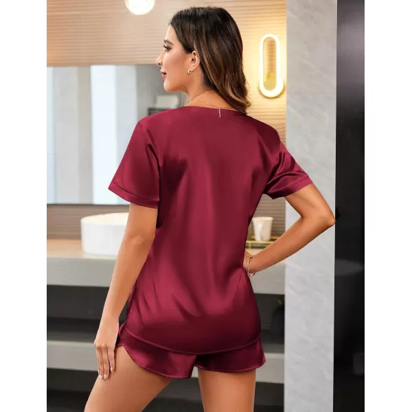 Ekouaer Silk Pajamas for Women Short Sleeve Sleepwear Twopiece Pjs Set Soft V Neck Loungewear Tops with Pj Shorts SXXLWine Red