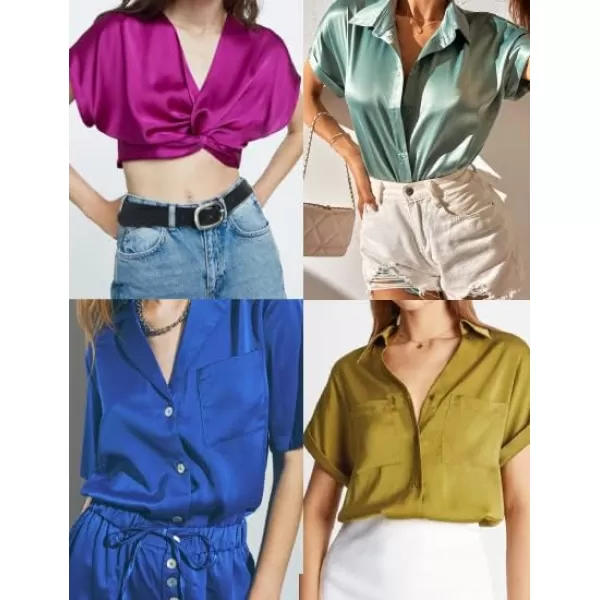 Ekouaer Silk Pajamas for Women Soft Short Sleeve Sleepewear Button Down Satin Top and Shorts 2 Piece Lounge Set OutfitsWhite