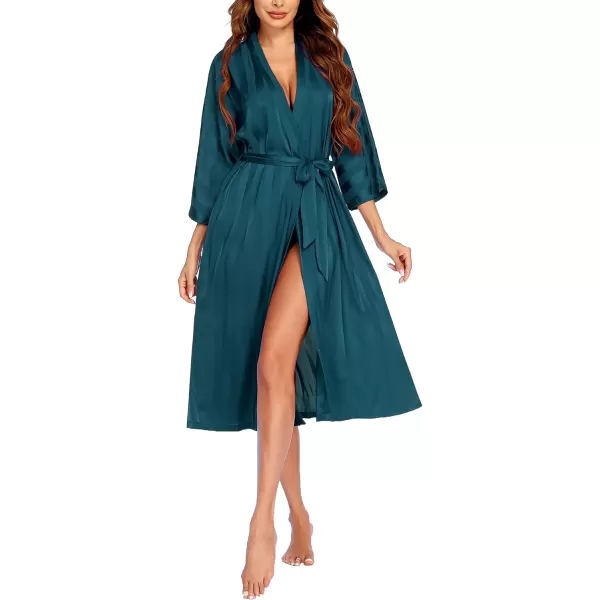 Ekouaer Silk Robes for Women Long Kimono Bridesmaid Dressing Gown Vneck Satin BathrobesPeacock Blue