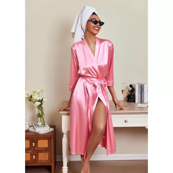 Ekouaer Silk Robes for Women Long Satin Bride Bridesmaid Wedding Party Robes Lightweight Sexy Sleepwear with PocketsDeep Pink