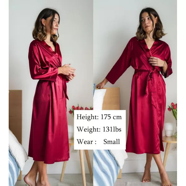 Ekouaer Silk Robes for Women Long Satin Bride Bridesmaid Wedding Party Robes Lightweight Sexy Sleepwear with PocketsWine Red