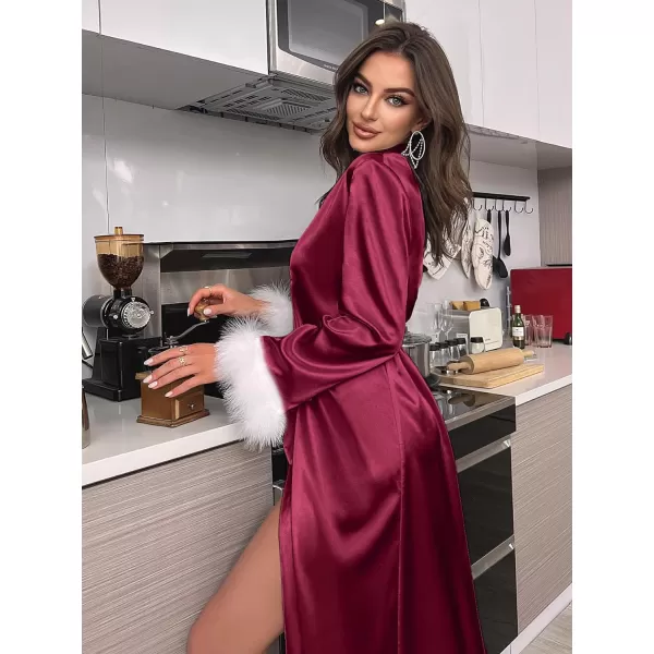 Ekouaer Silk Robes for Women Long Satin Bride Bridesmaid Wedding Party Robes Lightweight Sexy Sleepwear with PocketsWine Redwith Feather Trim