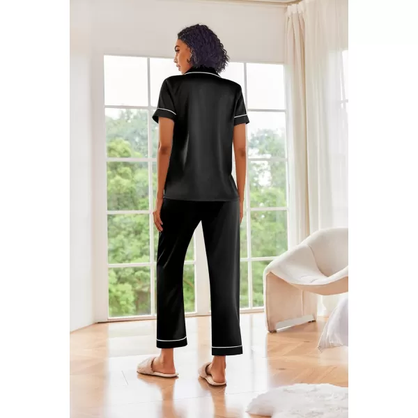 Ekouaer Silk Satin Pajamas Set Women Short Sleeve Sleepwear Soft Button Down Loungewear Pjs SetBlack