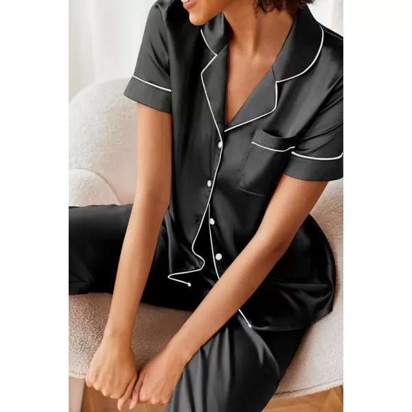 Ekouaer Silk Satin Pajamas Set Women Short Sleeve Sleepwear Soft Button Down Loungewear Pjs SetBlack