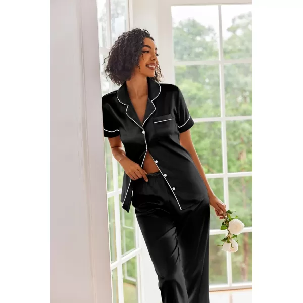 Ekouaer Silk Satin Pajamas Set Women Short Sleeve Sleepwear Soft Button Down Loungewear Pjs SetBlack