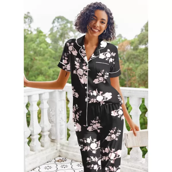 Ekouaer Silk Satin Pajamas Set Women Short Sleeve Sleepwear Soft Button Down Loungewear Pjs SetBlack Flower