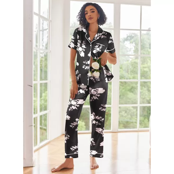 Ekouaer Silk Satin Pajamas Set Women Short Sleeve Sleepwear Soft Button Down Loungewear Pjs SetBlack Flower