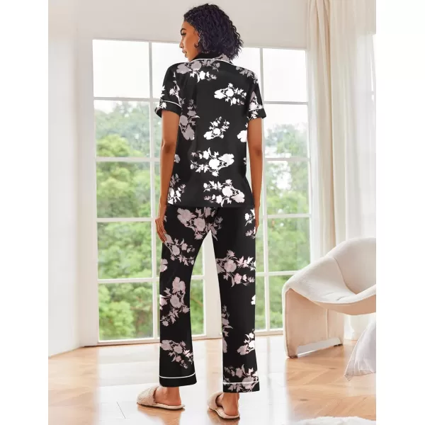 Ekouaer Silk Satin Pajamas Set Women Short Sleeve Sleepwear Soft Button Down Loungewear Pjs SetBlack Flower