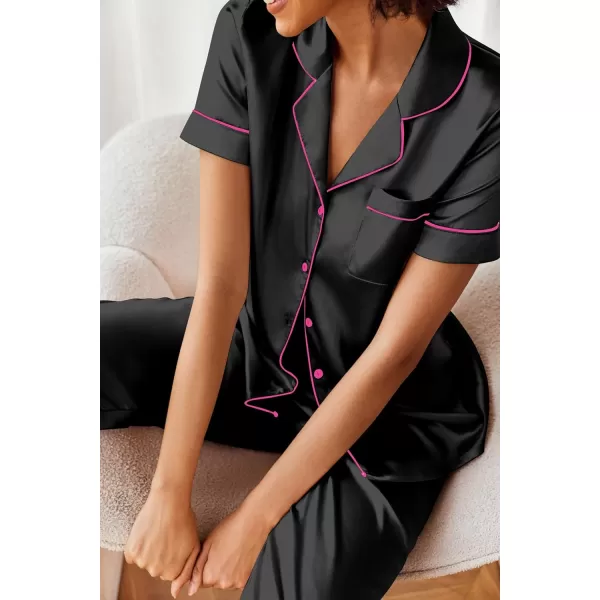 Ekouaer Silk Satin Pajamas Set Women Short Sleeve Sleepwear Soft Button Down Loungewear Pjs SetBlack Pink