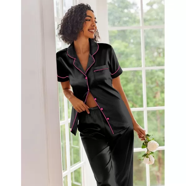 Ekouaer Silk Satin Pajamas Set Women Short Sleeve Sleepwear Soft Button Down Loungewear Pjs SetBlack Pink