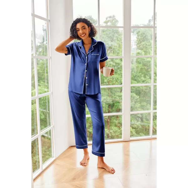 Ekouaer Silk Satin Pajamas Set Women Short Sleeve Sleepwear Soft Button Down Loungewear Pjs SetBlue