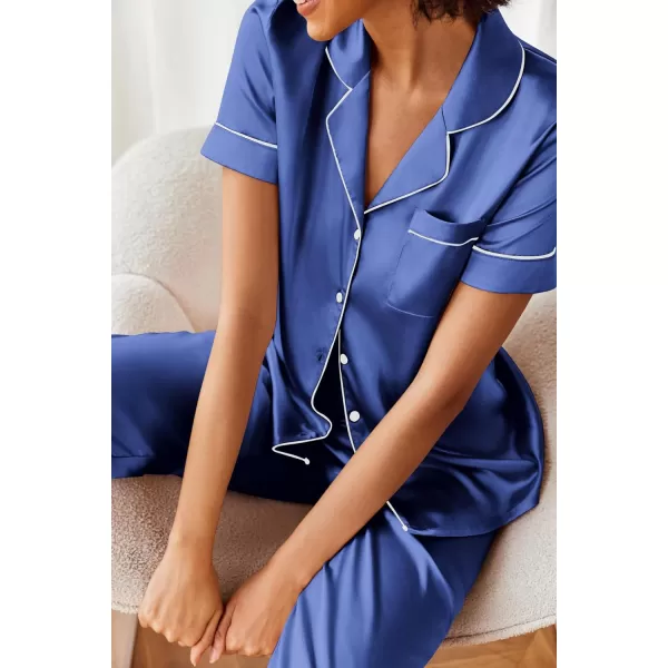 Ekouaer Silk Satin Pajamas Set Women Short Sleeve Sleepwear Soft Button Down Loungewear Pjs SetBlue