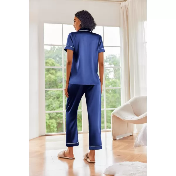 Ekouaer Silk Satin Pajamas Set Women Short Sleeve Sleepwear Soft Button Down Loungewear Pjs SetBlue