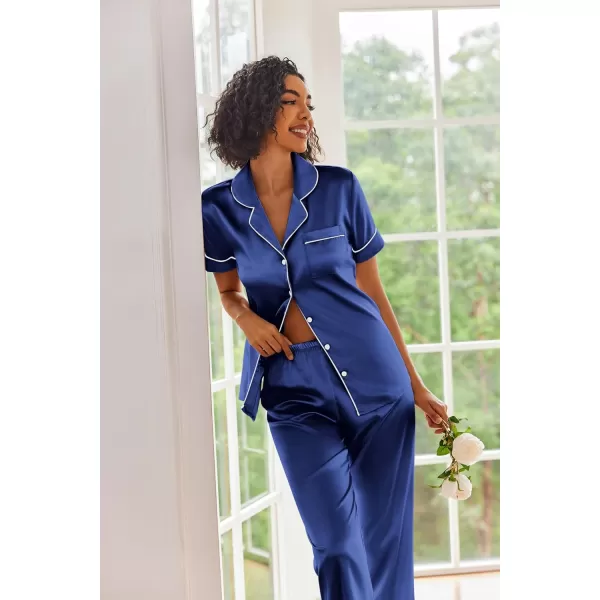 Ekouaer Silk Satin Pajamas Set Women Short Sleeve Sleepwear Soft Button Down Loungewear Pjs SetBlue