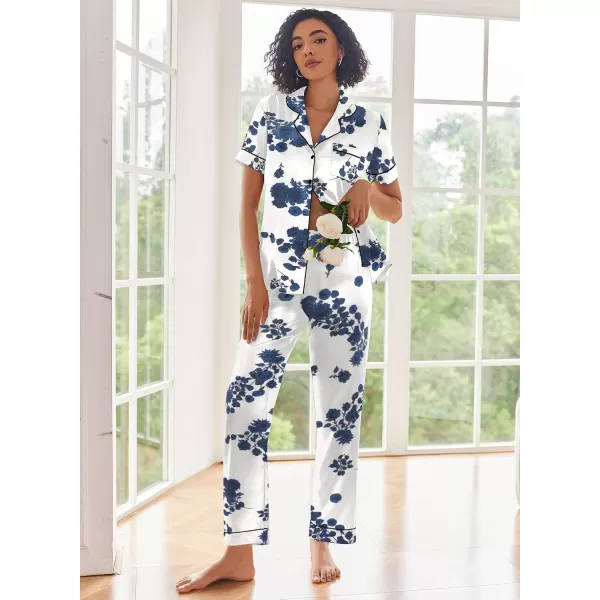 Ekouaer Silk Satin Pajamas Set Women Short Sleeve Sleepwear Soft Button Down Loungewear Pjs SetBlue Flower