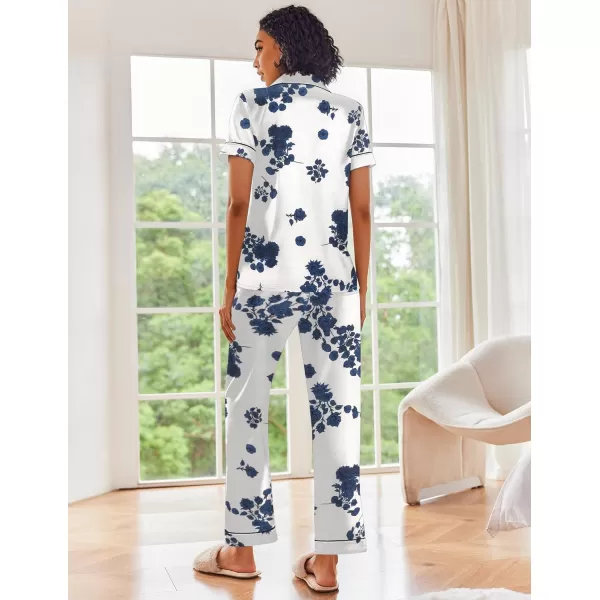 Ekouaer Silk Satin Pajamas Set Women Short Sleeve Sleepwear Soft Button Down Loungewear Pjs SetBlue Flower