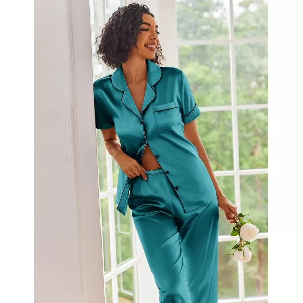 Ekouaer Silk Satin Pajamas Set Women Short Sleeve Sleepwear Soft Button Down Loungewear Pjs SetBlue Green