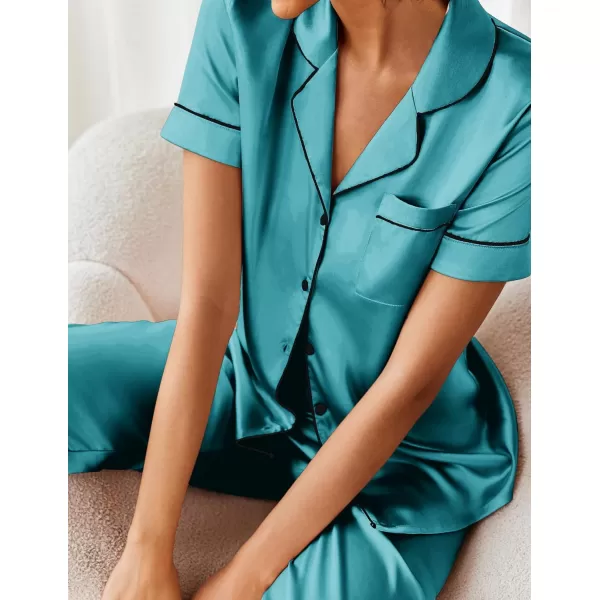 Ekouaer Silk Satin Pajamas Set Women Short Sleeve Sleepwear Soft Button Down Loungewear Pjs SetBlue Green