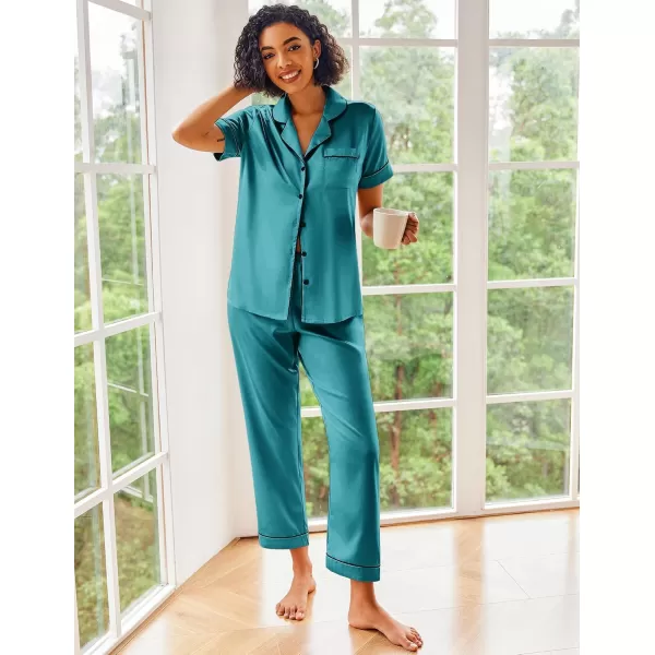 Ekouaer Silk Satin Pajamas Set Women Short Sleeve Sleepwear Soft Button Down Loungewear Pjs SetBlue Green