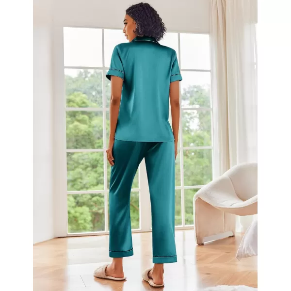 Ekouaer Silk Satin Pajamas Set Women Short Sleeve Sleepwear Soft Button Down Loungewear Pjs SetBlue Green