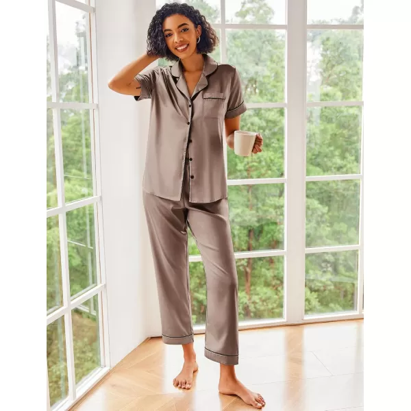 Ekouaer Silk Satin Pajamas Set Women Short Sleeve Sleepwear Soft Button Down Loungewear Pjs SetBrown