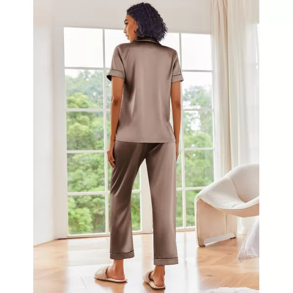 Ekouaer Silk Satin Pajamas Set Women Short Sleeve Sleepwear Soft Button Down Loungewear Pjs SetBrown