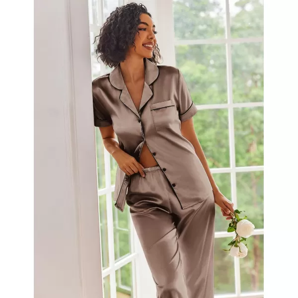 Ekouaer Silk Satin Pajamas Set Women Short Sleeve Sleepwear Soft Button Down Loungewear Pjs SetBrown