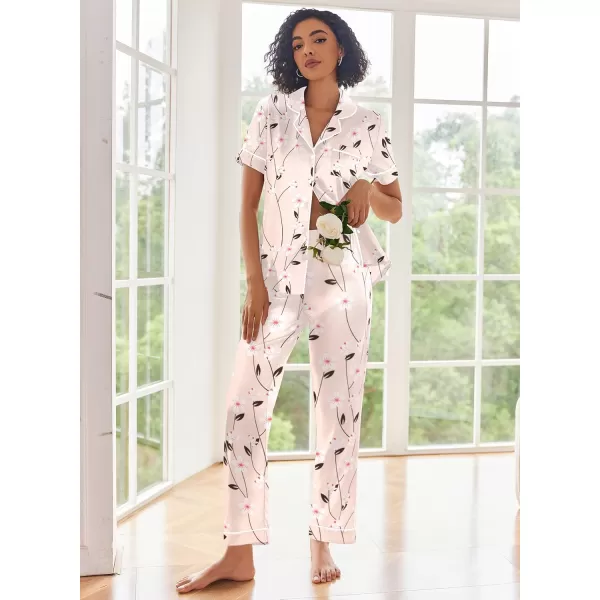 Ekouaer Silk Satin Pajamas Set Women Short Sleeve Sleepwear Soft Button Down Loungewear Pjs SetBrown Flower