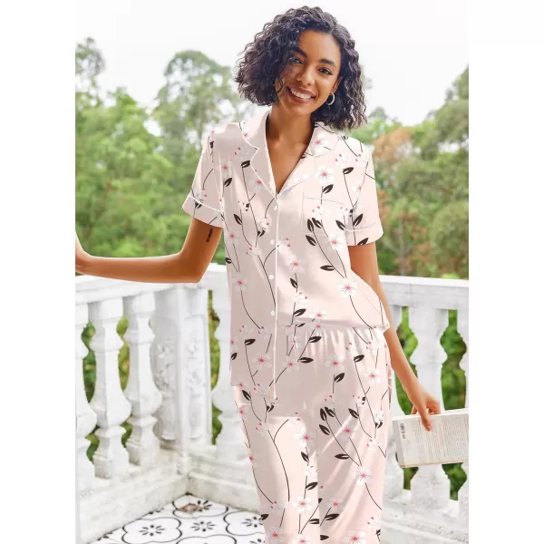 Ekouaer Silk Satin Pajamas Set Women Short Sleeve Sleepwear Soft Button Down Loungewear Pjs SetBrown Flower