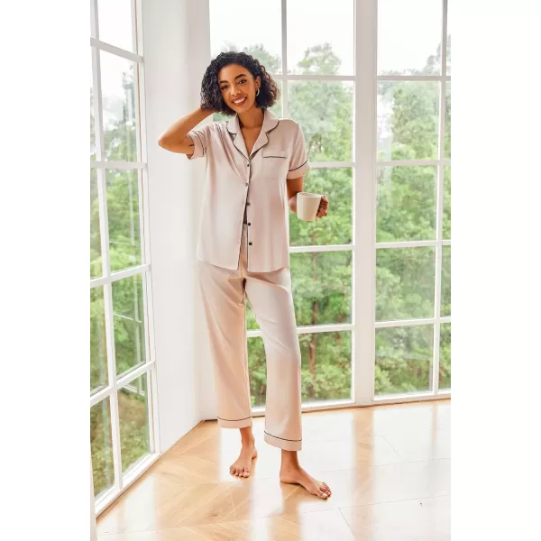 Ekouaer Silk Satin Pajamas Set Women Short Sleeve Sleepwear Soft Button Down Loungewear Pjs SetChampagne