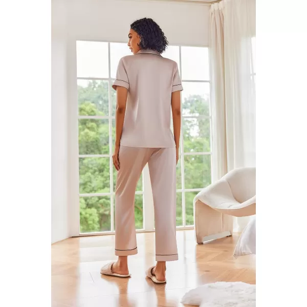 Ekouaer Silk Satin Pajamas Set Women Short Sleeve Sleepwear Soft Button Down Loungewear Pjs SetChampagne